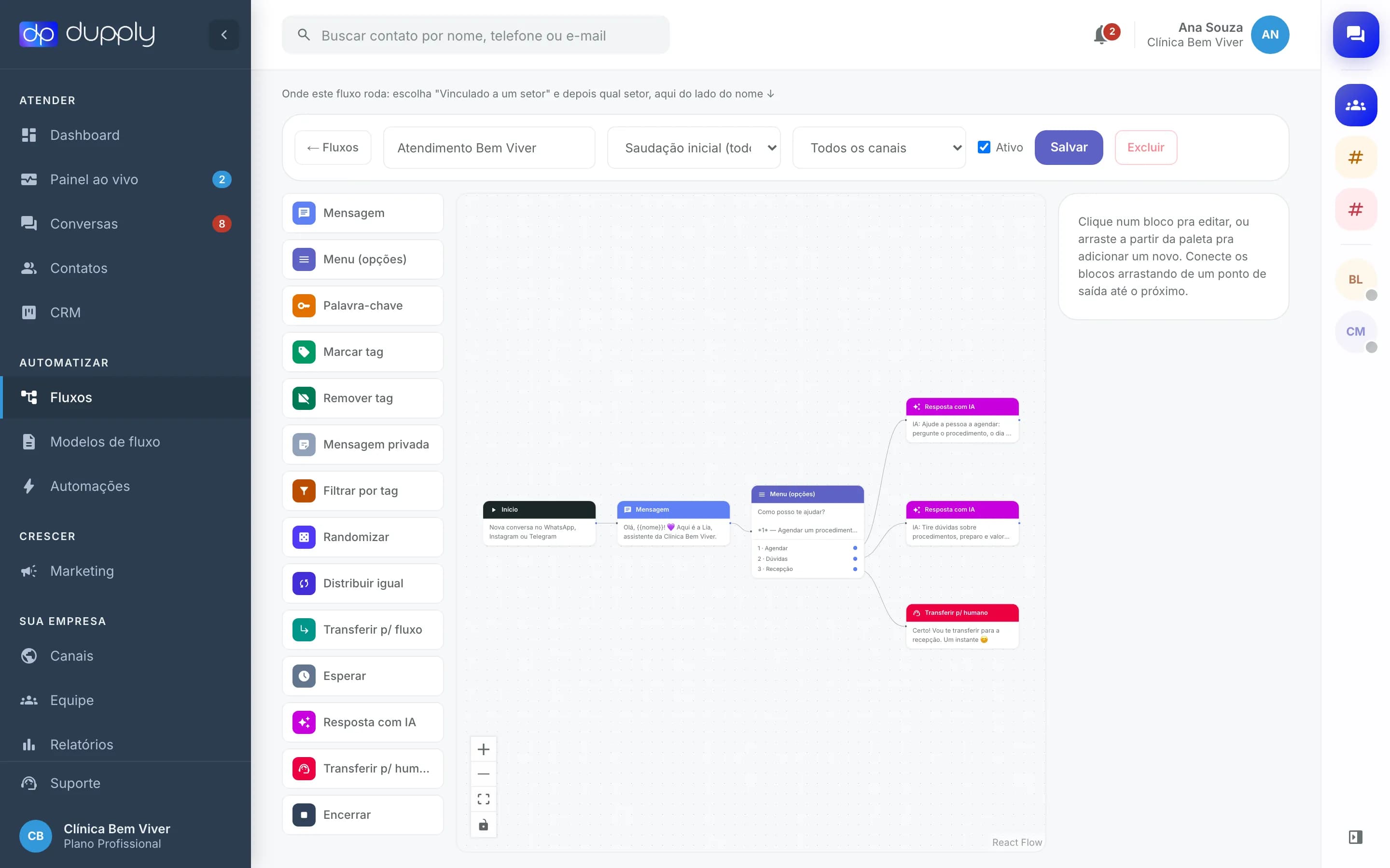 Editor de fluxos do Atende com blocos conectados