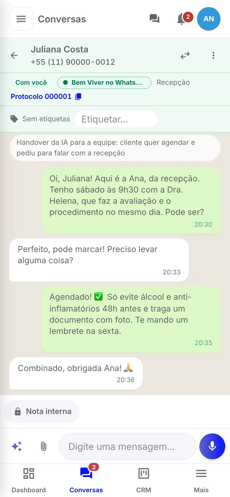 Conversa aberta no app do Atende no celular